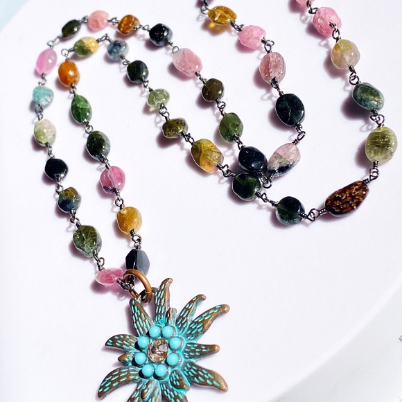 Genuine Multicolor Tourmaline Gemstone Turquoise Sun Necklace - Picture 1 of 8